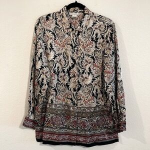 Anna & Frank Women’s Button Front Shirt Medium Black & Cream 100% Silk Paisley